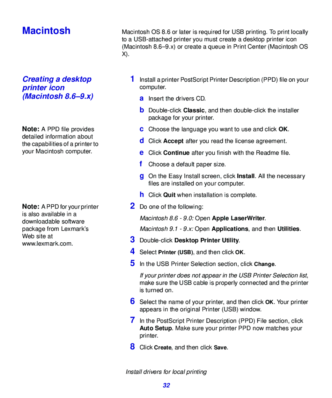 Lexmark 321, 323 setup guide Creating a desktop printer icon Macintosh 