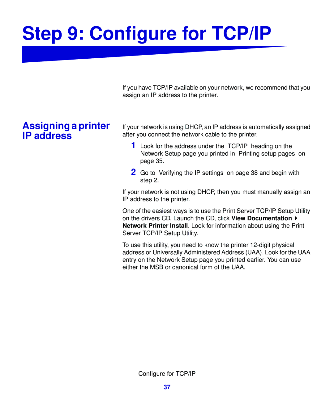 Lexmark 323, 321 setup guide Configure for TCP/IP, Assigning a printer IP address 