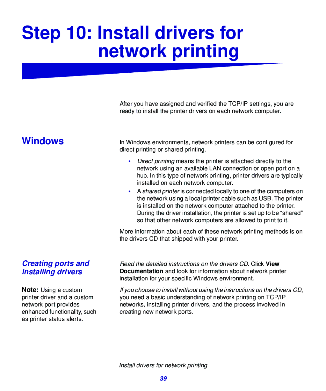 Lexmark 323, 321 setup guide Install drivers for network printing, Creating ports and installing drivers 