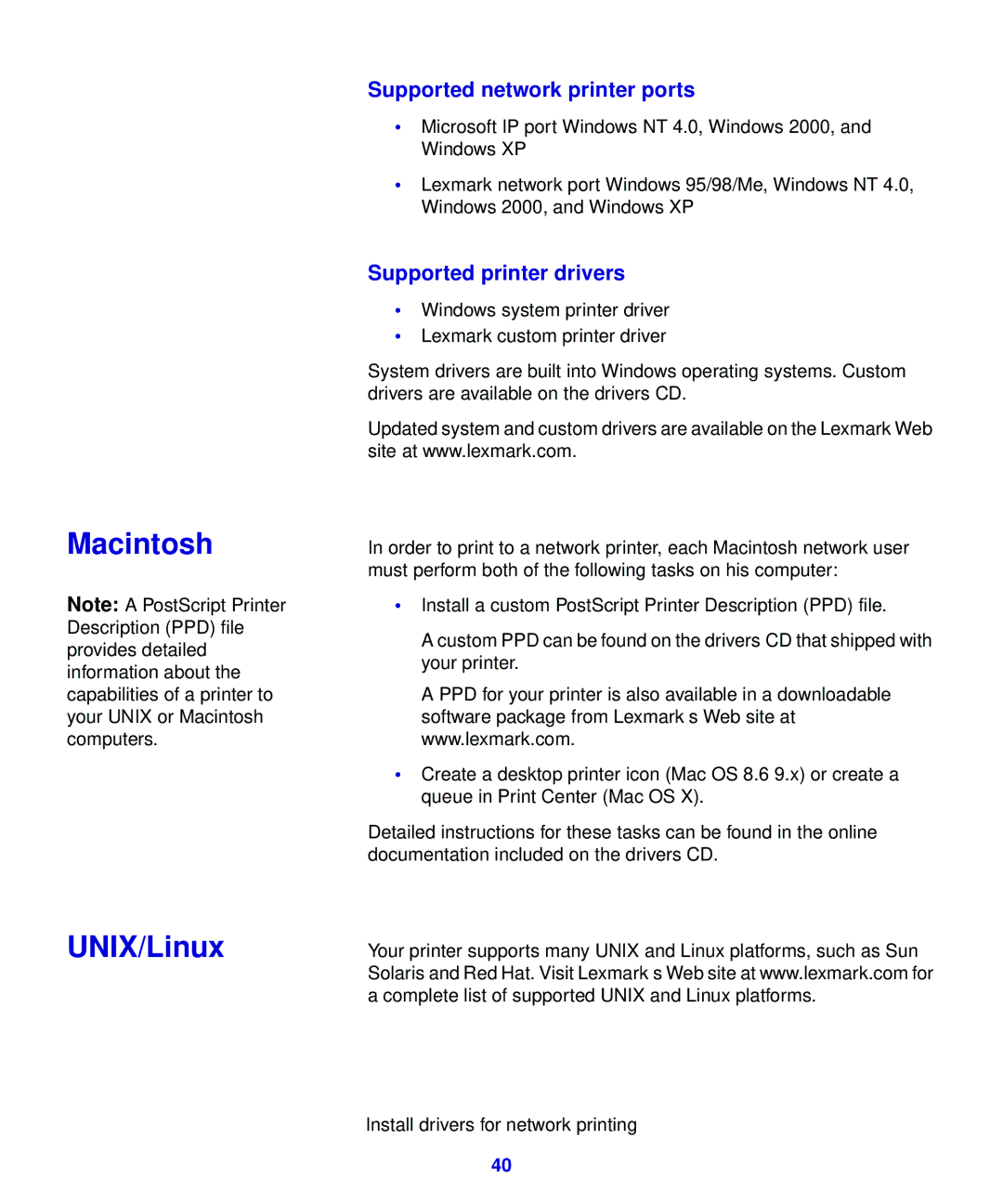 Lexmark 321, 323 setup guide Macintosh UNIX/Linux, Supported network printer ports 