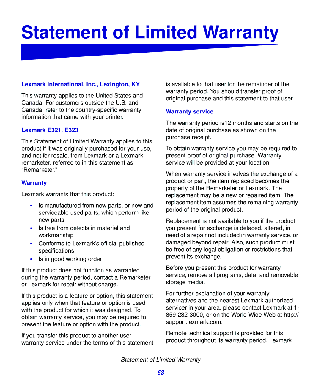 Lexmark 323, 321 setup guide Statement of Limited Warranty 