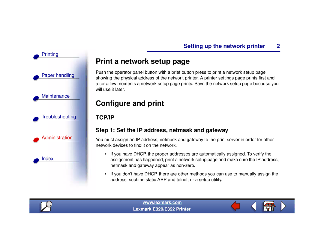 Lexmark 322, 320 setup guide Print a network setup, Set the IP address, netmask and gateway 