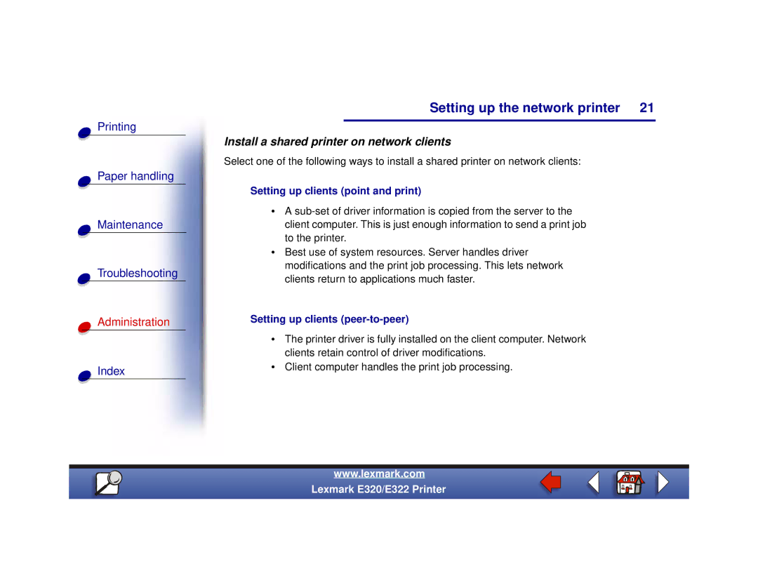 Lexmark 320, 322 setup guide Install a shared printer on network clients, Setting up clients point and print 