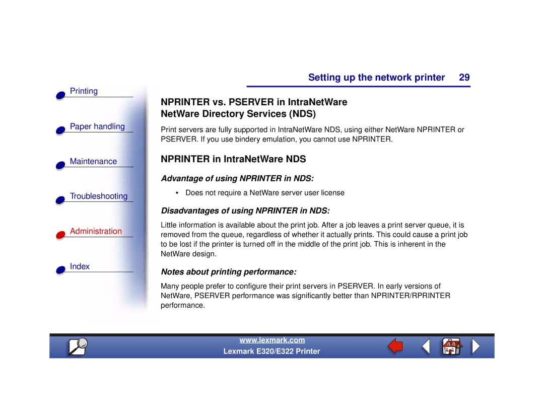 Lexmark 320, 322 Nprinter in IntraNetWare NDS, Advantage of using Nprinter in NDS, Disadvantages of using Nprinter in NDS 