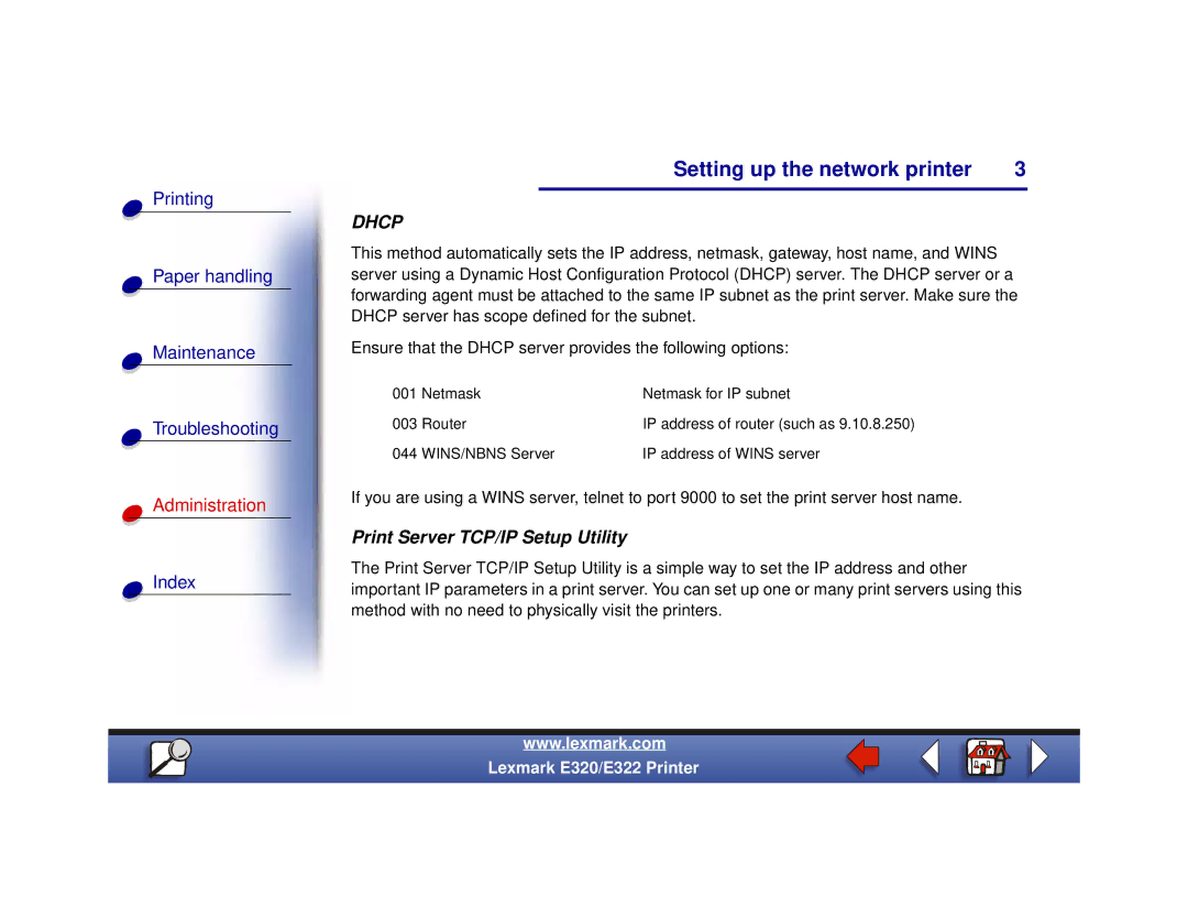 Lexmark 320, 322 setup guide Dhcp, Print Server TCP/IP Setup Utility 