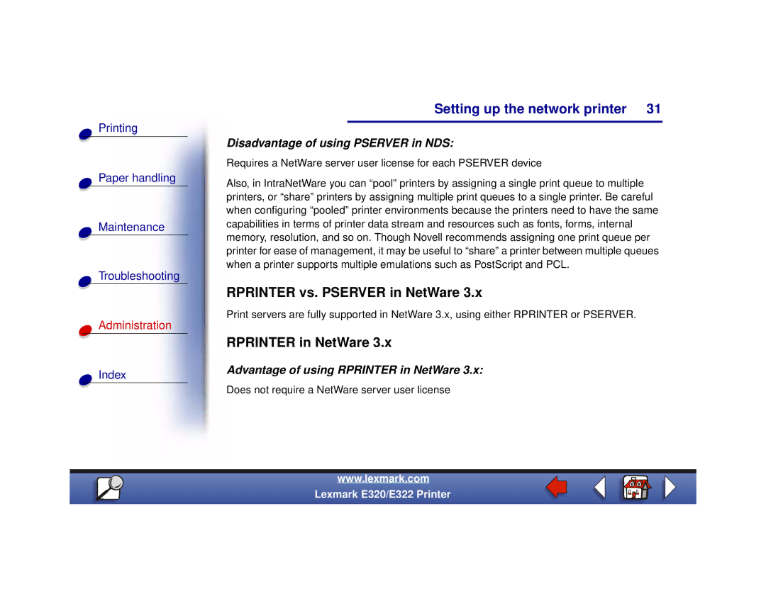 Lexmark 320, 322 setup guide Rprinter vs. Pserver in NetWare, Rprinter in NetWare, Disadvantage of using Pserver in NDS 