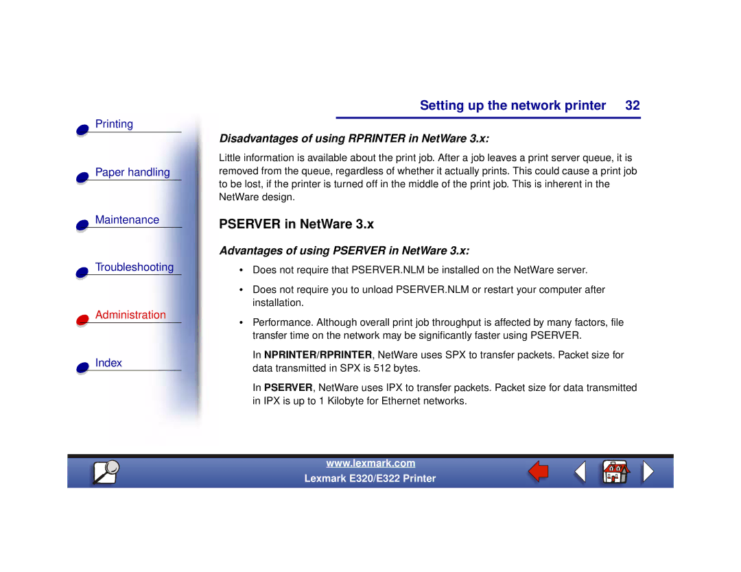 Lexmark 322, 320 setup guide Disadvantages of using Rprinter in NetWare, Advantages of using Pserver in NetWare 