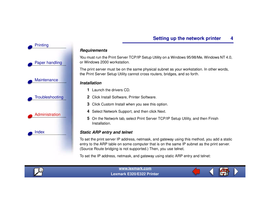 Lexmark 322, 320 setup guide Requirements, Installation, Static ARP entry and telnet 