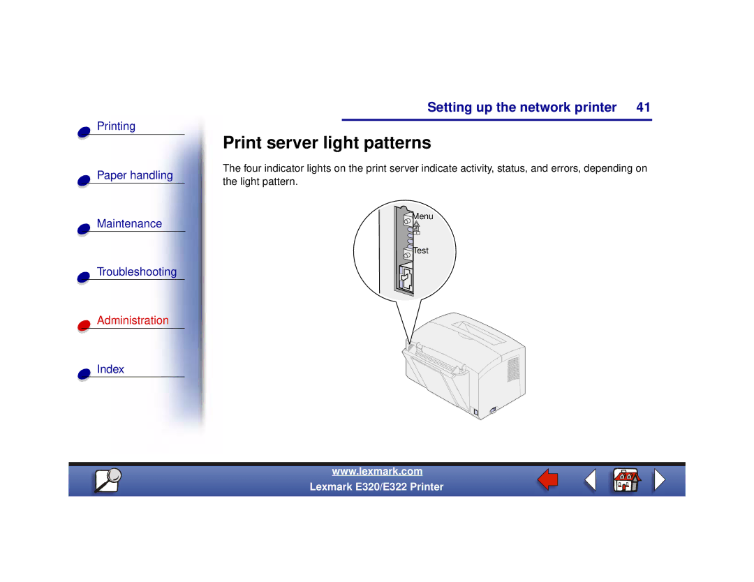 Lexmark 320, 322 setup guide Print server light patterns 