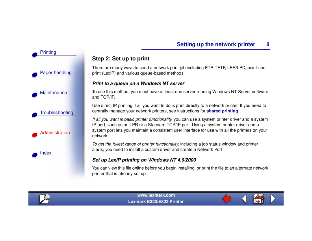 Lexmark 322, 320 Set up to print, Print to a queue on a Windows NT server, Set up LexIP printing on Windows NT 4.0/2000 