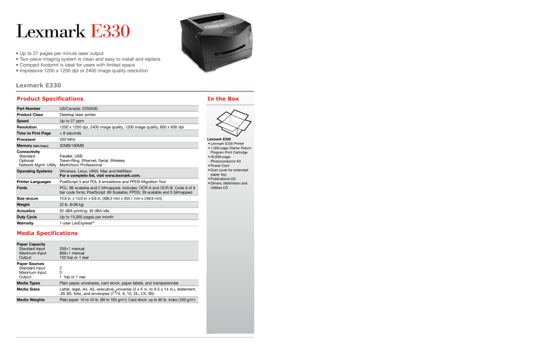 Lexmark 330 manual Part Number, Product Class, Speed, Resolution, Time to First, Processor, Connectivity, Operating Systems 