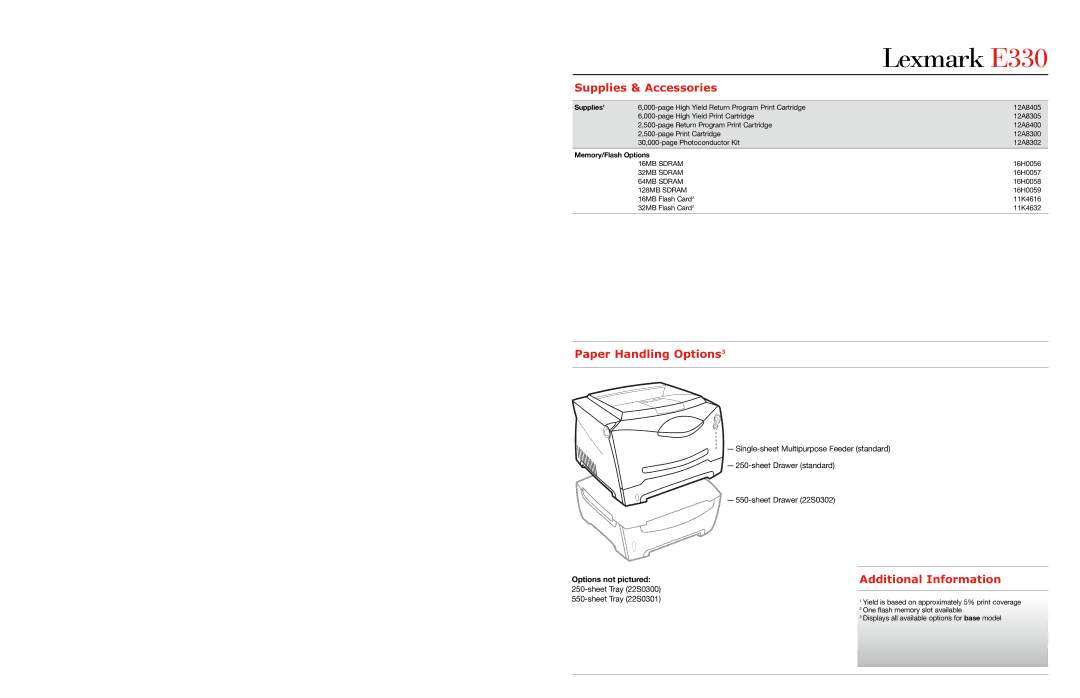 Lexmark 330 manual Supplies & Accessories, Paper Handling Options3, Additional Information, Options not pictured 