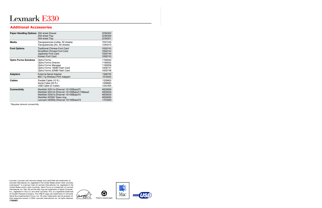 Lexmark 330 manual Additional Accessories 