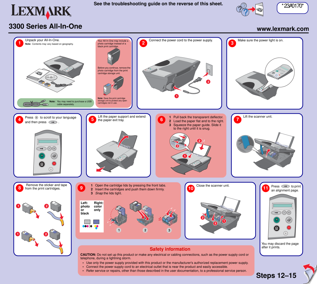 Lexmark 3300 manual 23A0170, Safety information, Right color only, Series All-In-One, Steps 