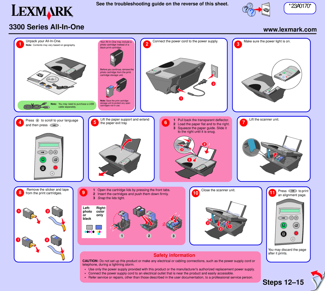 Lexmark 3300 manual Series All-In-One, Steps, Safety information 