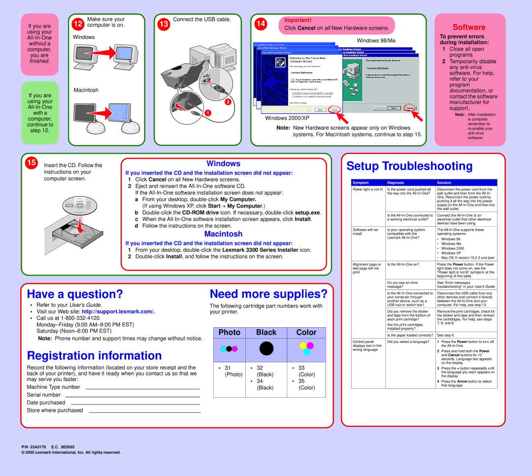 Lexmark 3300 manual Setup Troubleshooting, Have a question?, Registration information, Need more supplies?, Software 