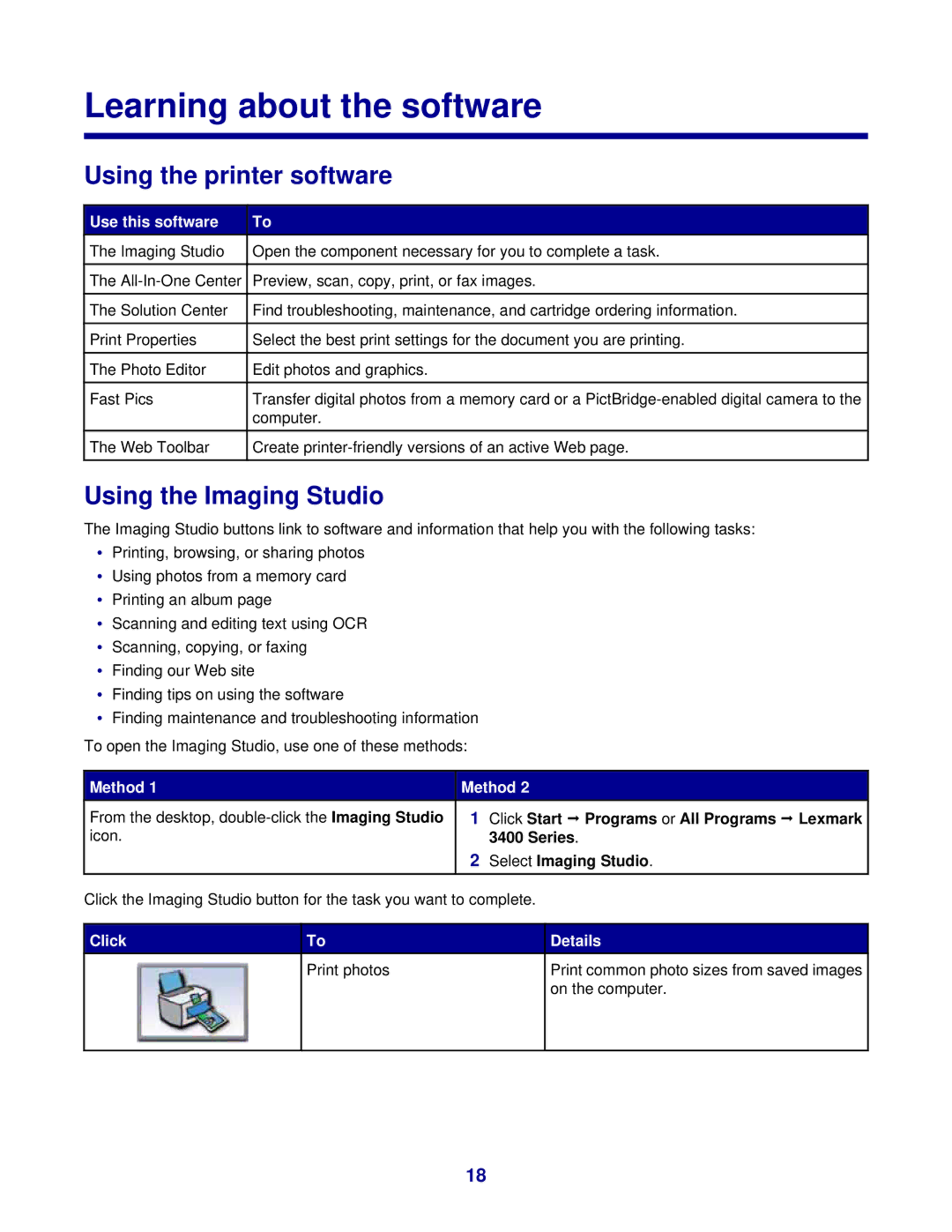 Lexmark 3400 Series manual Learning about the software, Using the printer software, Using the Imaging Studio 