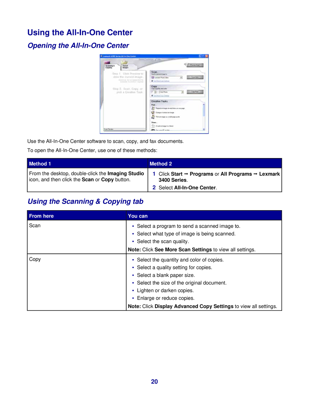 Lexmark 3400 Series manual Using the All-In-One Center, Opening the All-In-One Center, Using the Scanning & Copying tab 