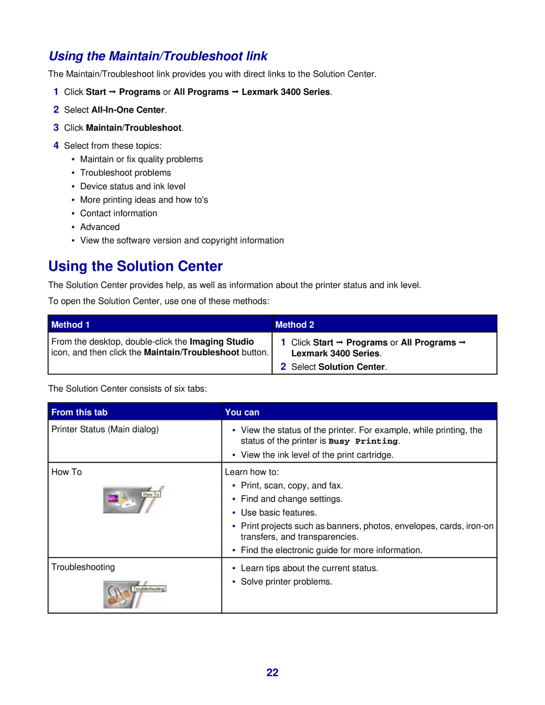 Lexmark 3400 Series manual Using the Solution Center, Using the Maintain/Troubleshoot link, Select Solution Center 