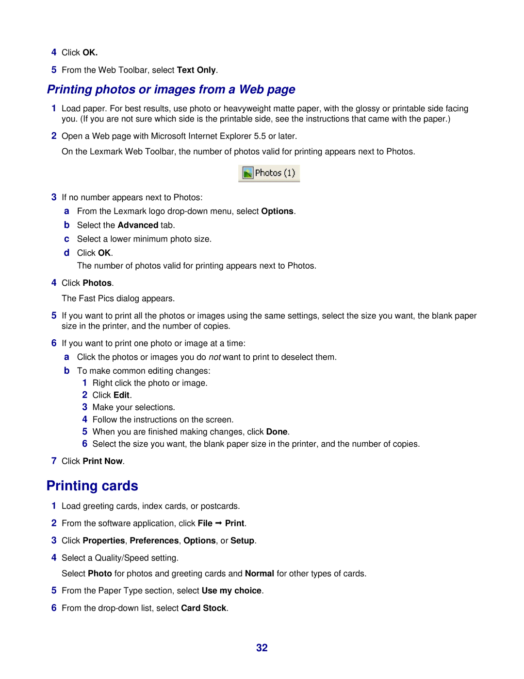 Lexmark 3400 Series manual Printing cards, Printing photos or images from a Web, Click Print Now 