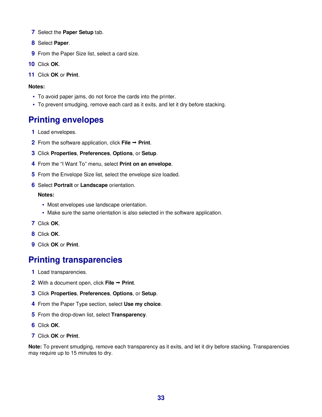 Lexmark 3400 Series manual Printing envelopes, Printing transparencies 