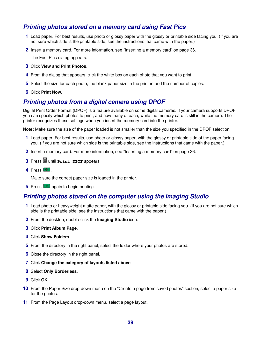 Lexmark 3400 Series manual Printing photos stored on a memory card using Fast Pics, Click View and Print Photos 