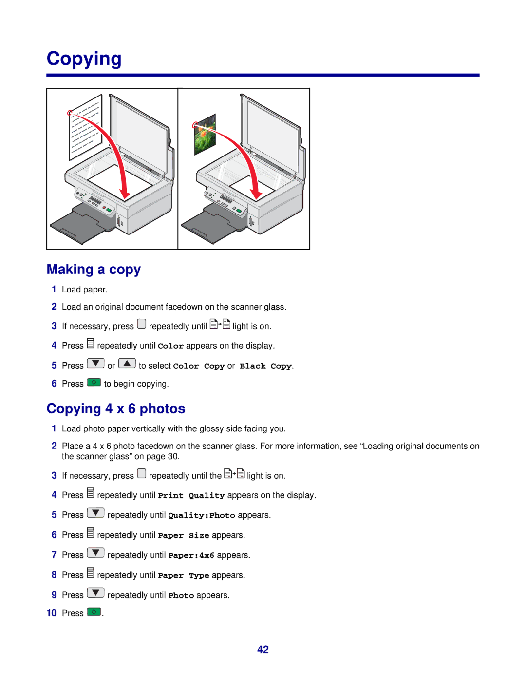 Lexmark 3400 Series manual Making a copy, Copying 4 x 6 photos 