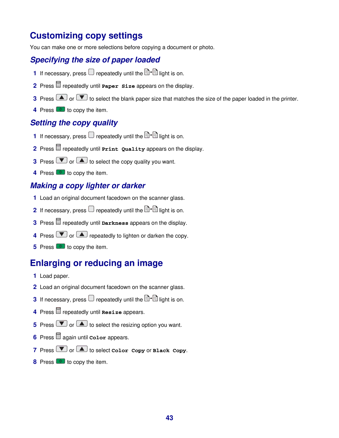 Lexmark 3400 Series manual Customizing copy settings, Enlarging or reducing an image, Specifying the size of paper loaded 