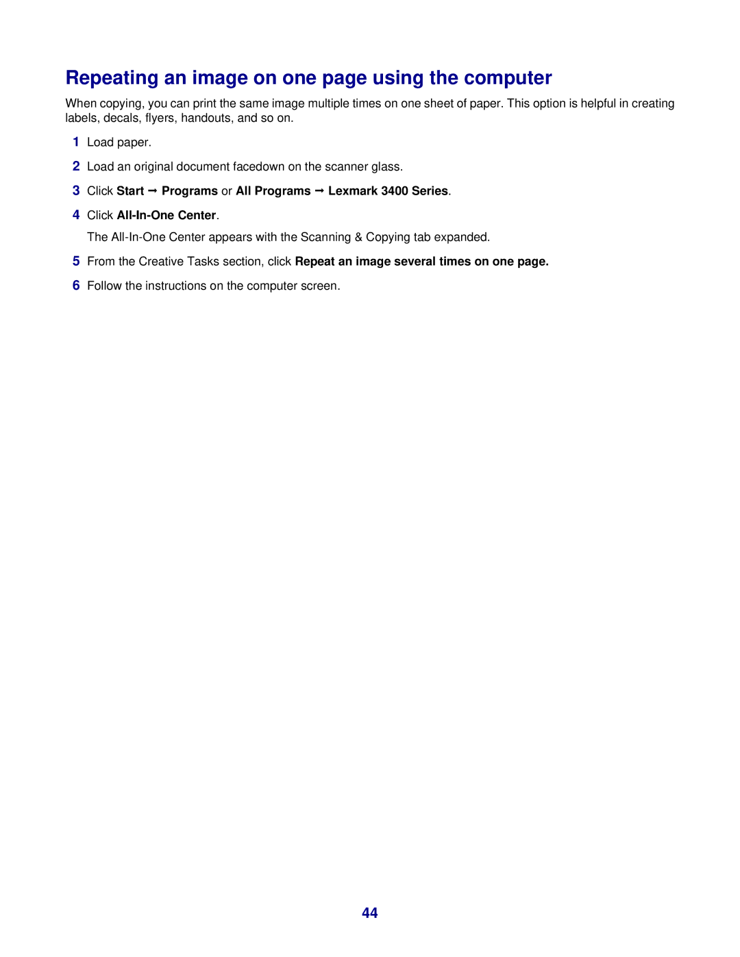 Lexmark 3400 Series manual Repeating an image on one page using the computer 