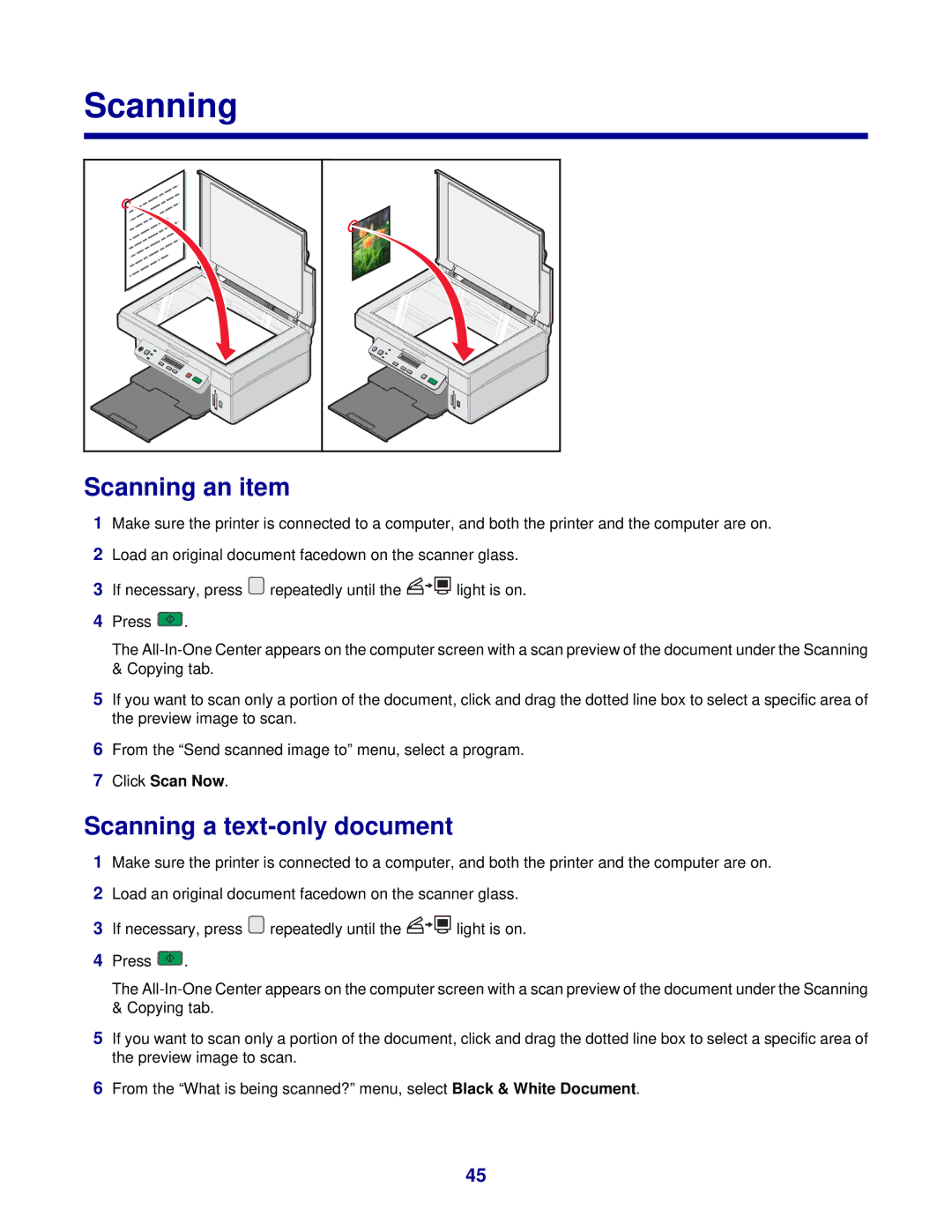 Lexmark 3400 Series manual Scanning an item, Scanning a text-only document, Click Scan Now 