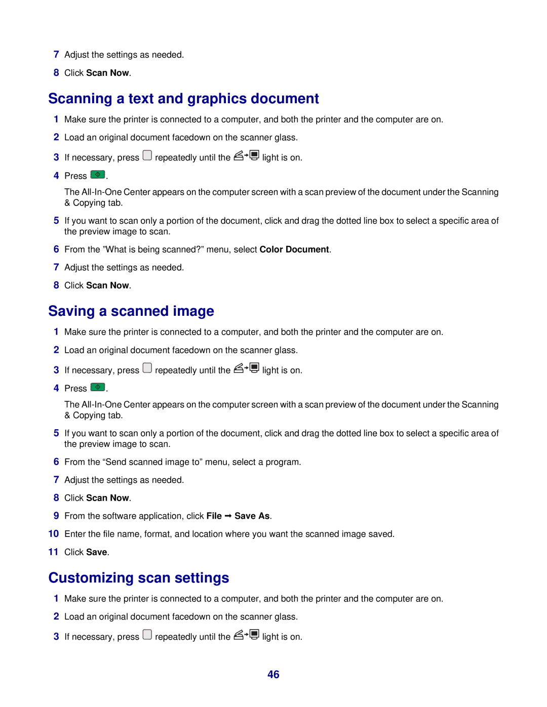 Lexmark 3400 Series manual Scanning a text and graphics document, Saving a scanned image, Customizing scan settings 