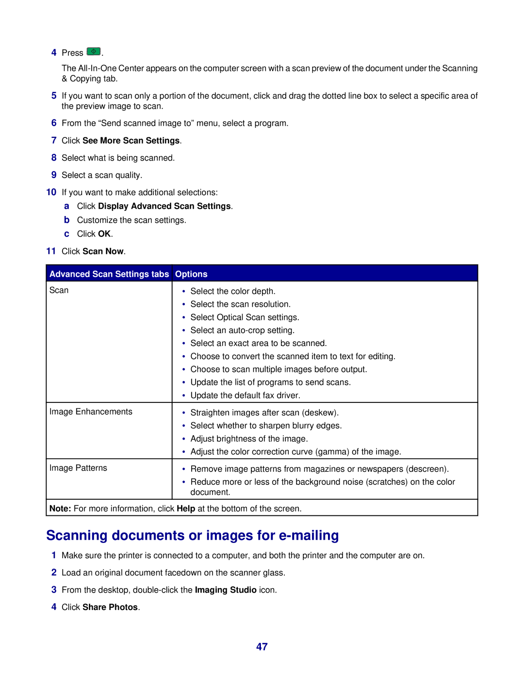 Lexmark 3400 Series manual Scanning documents or images for e-mailing, Click See More Scan Settings, Click Share Photos 