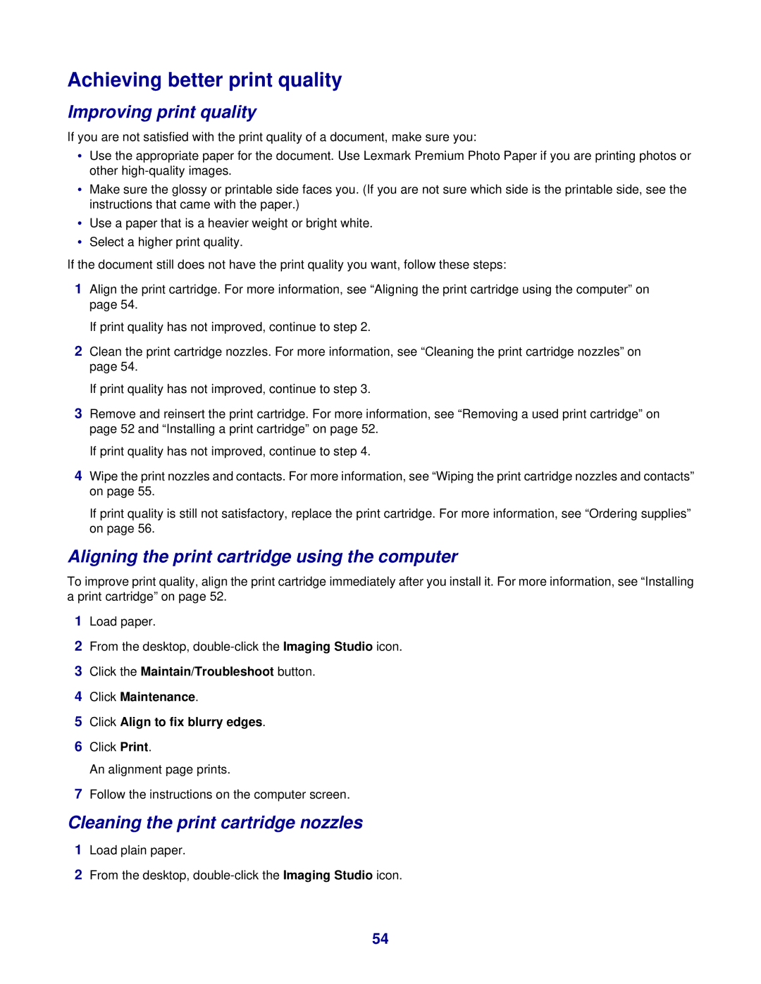 Lexmark 3400 Series manual Achieving better print quality, Improving print quality, Cleaning the print cartridge nozzles 