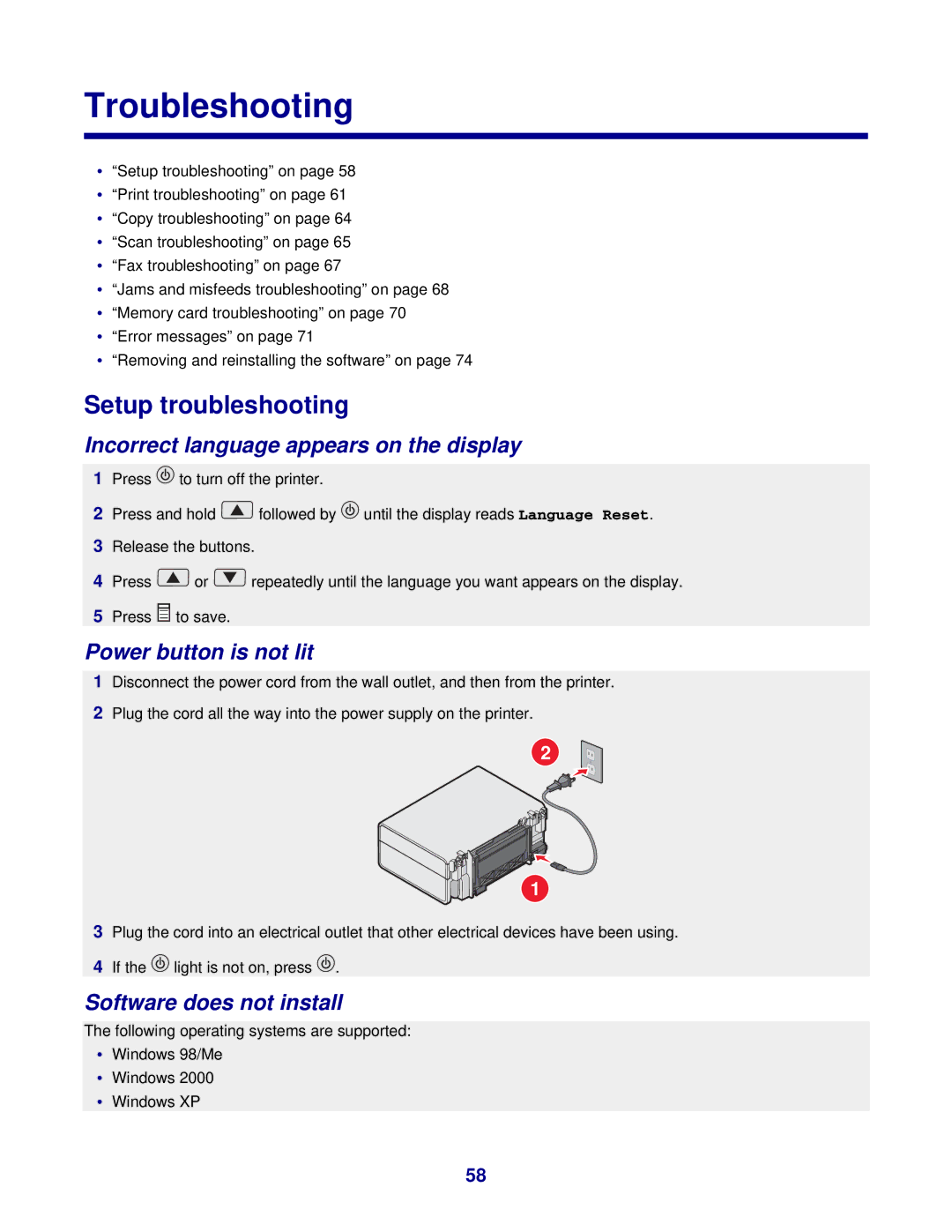 Lexmark 3400 Series manual Troubleshooting, Setup troubleshooting, Incorrect language appears on the display 