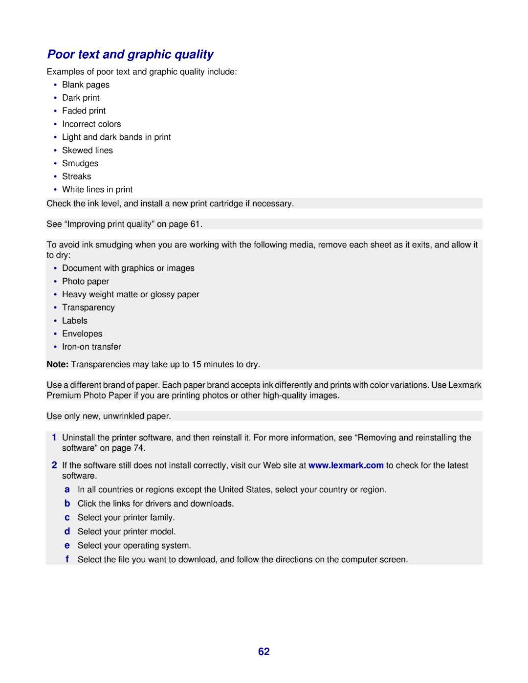 Lexmark 3400 Series manual Poor text and graphic quality 