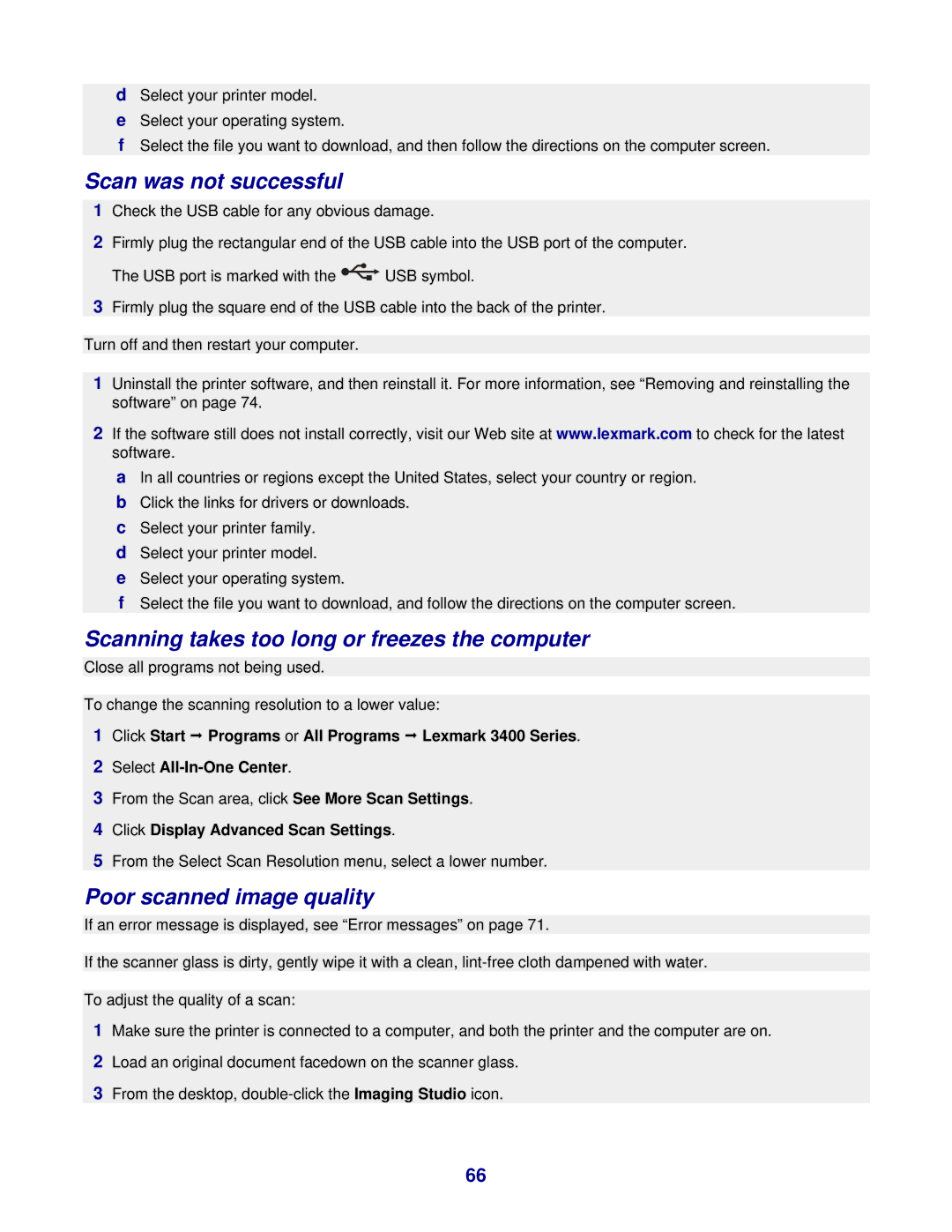 Lexmark 3400 Series Scan was not successful, Scanning takes too long or freezes the computer, Poor scanned image quality 