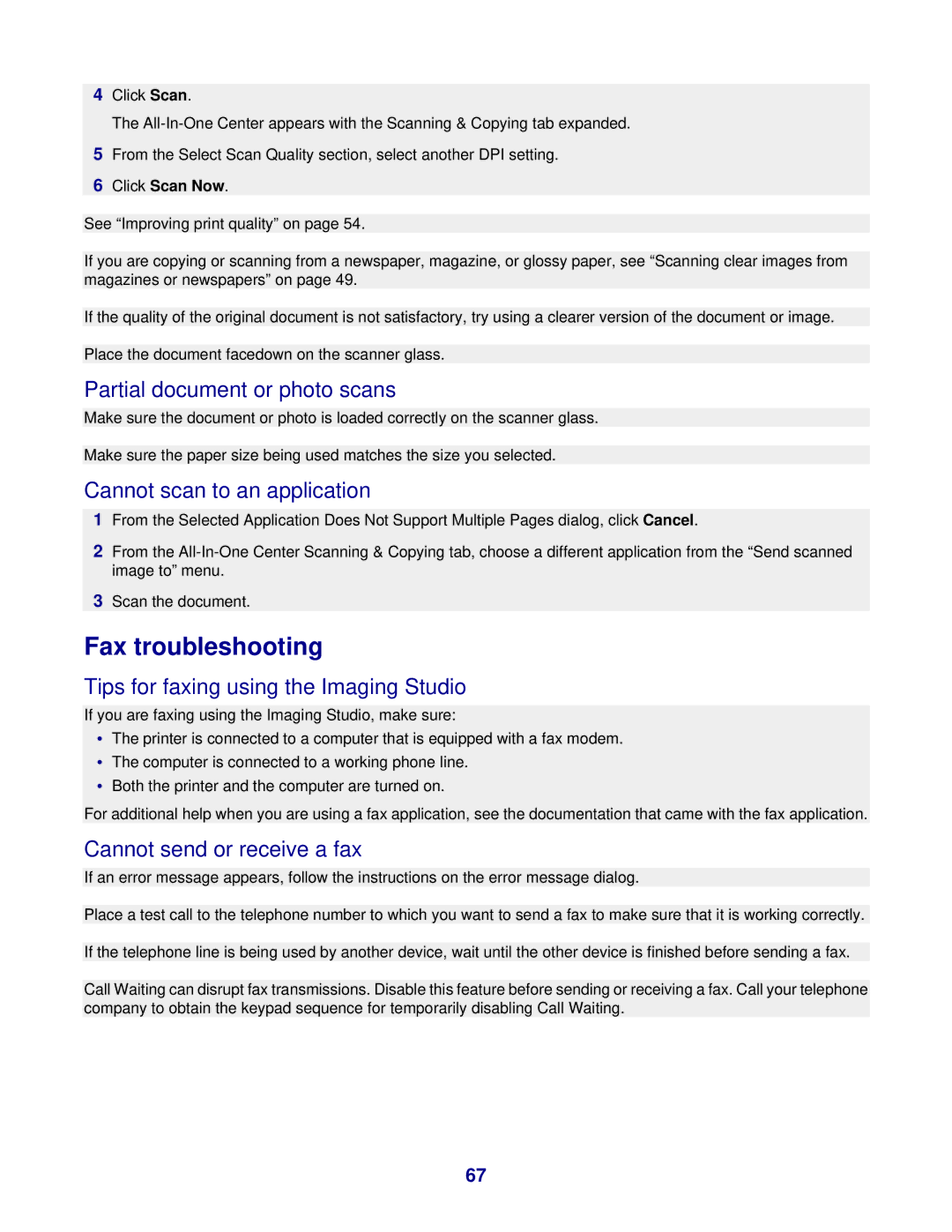 Lexmark 3400 Series manual Fax troubleshooting, Partial document or photo scans, Cannot scan to an application 