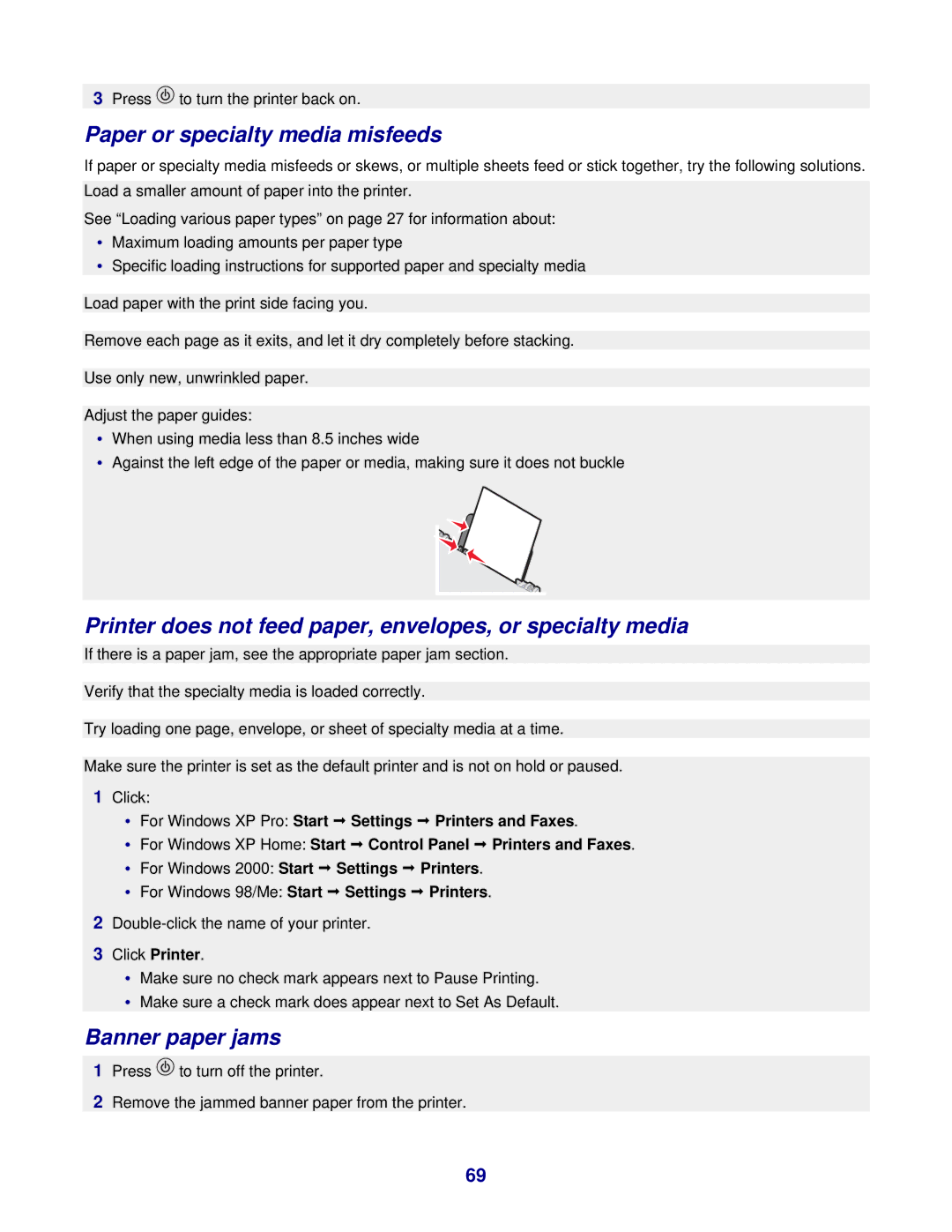 Lexmark 3400 Series manual Paper or specialty media misfeeds, Printer does not feed paper, envelopes, or specialty media 