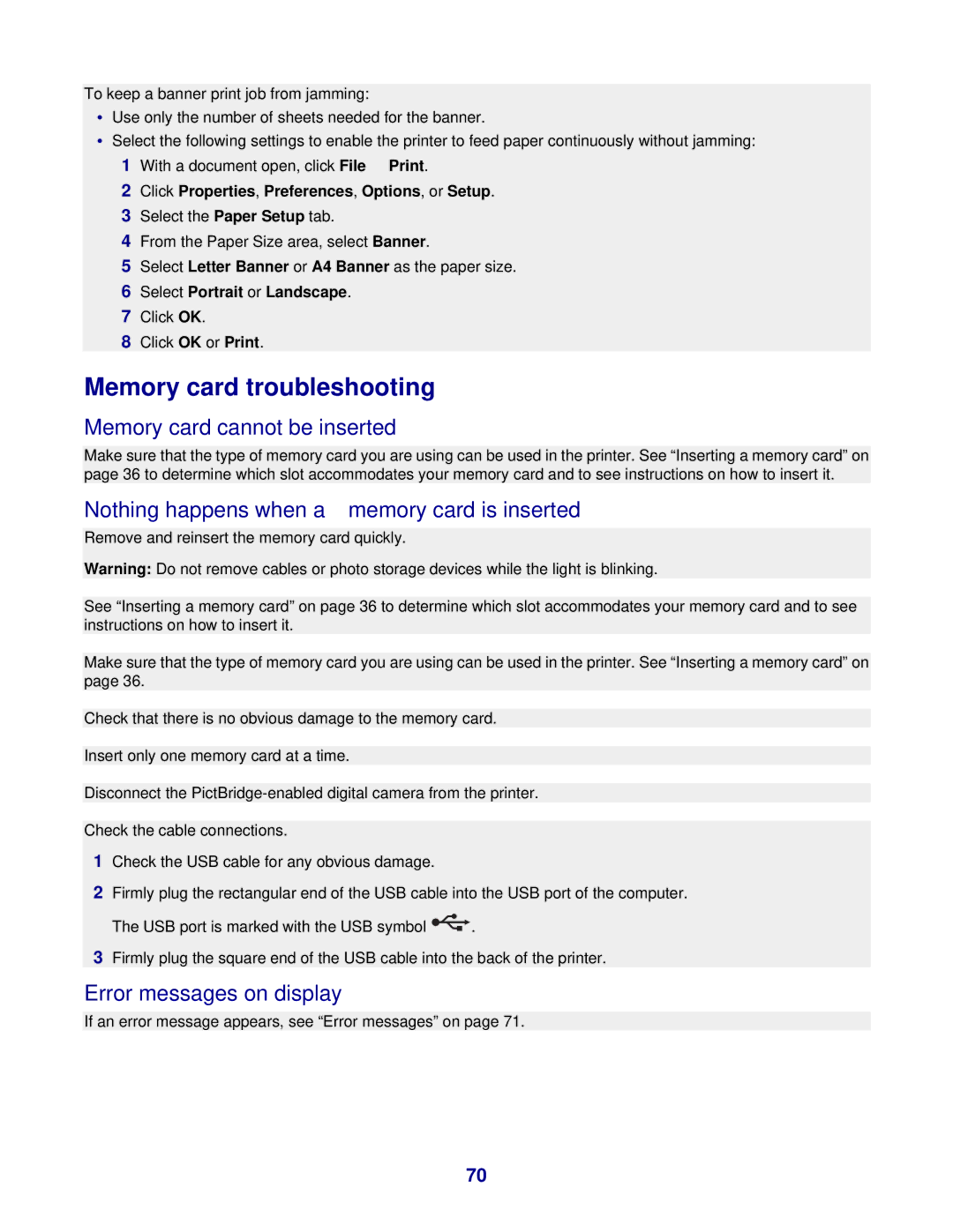 Lexmark 3400 Series manual Memory card troubleshooting, Memory card cannot be inserted, Error messages on display 