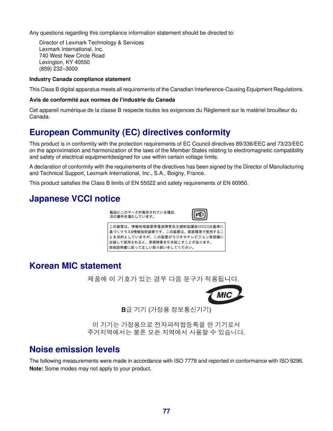 Lexmark 3400 Series manual European Community EC directives conformity, Industry Canada compliance statement 