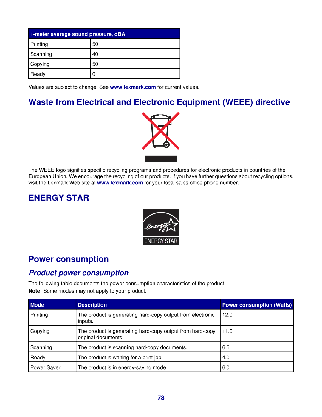 Lexmark 3400 Series manual Power consumption, Product power consumption, Meter average sound pressure, dBA 