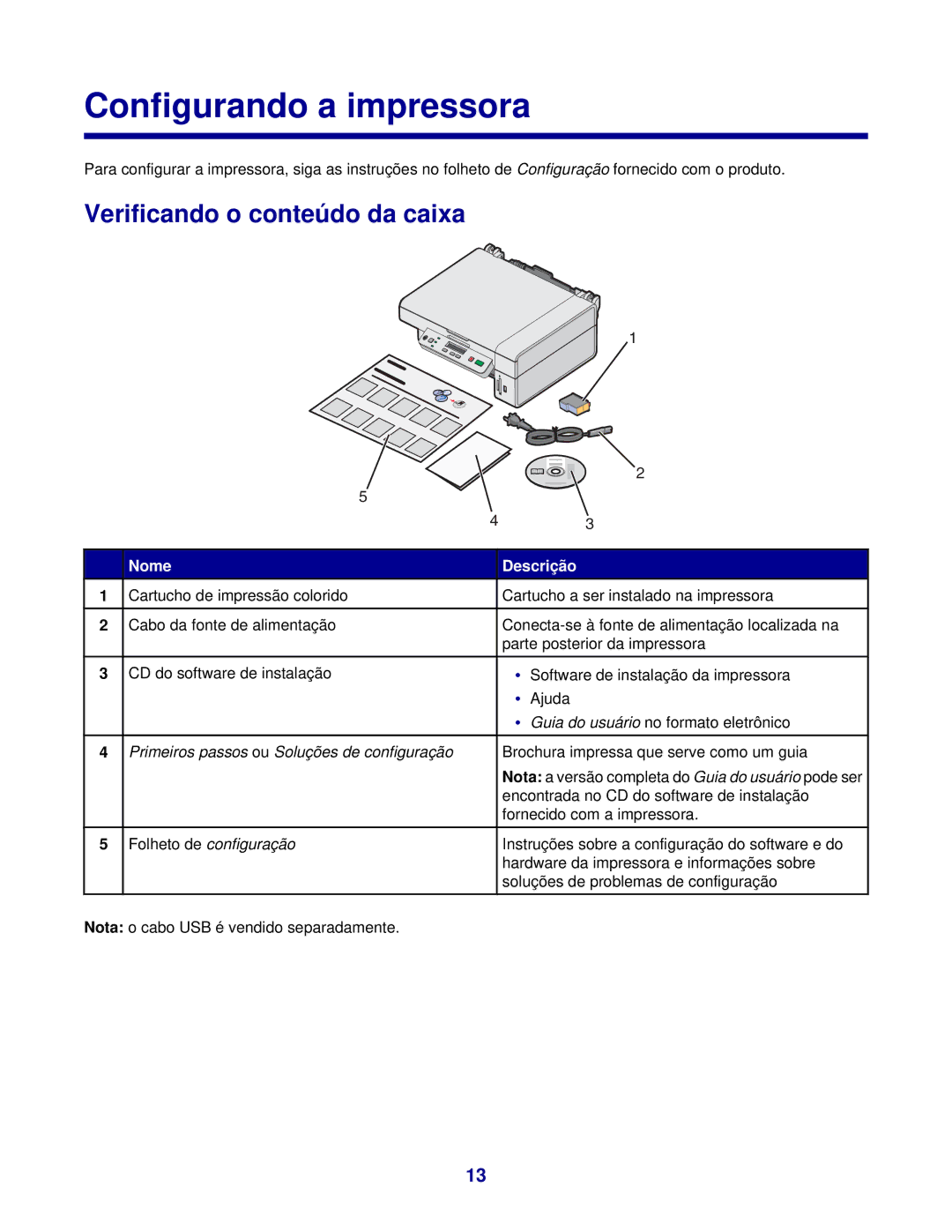 Lexmark 3400 manual Configurando a impressora, Verificando o conteúdo da caixa, Nome Descrição 