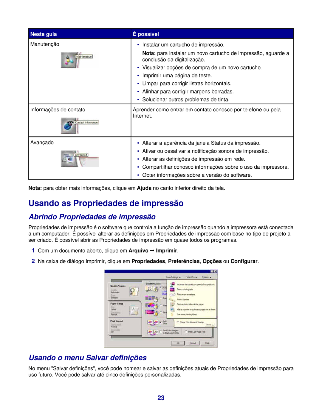 Lexmark 3400 manual Usando as Propriedades de impressão, Abrindo Propriedades de impressão, Usando o menu Salvar definições 