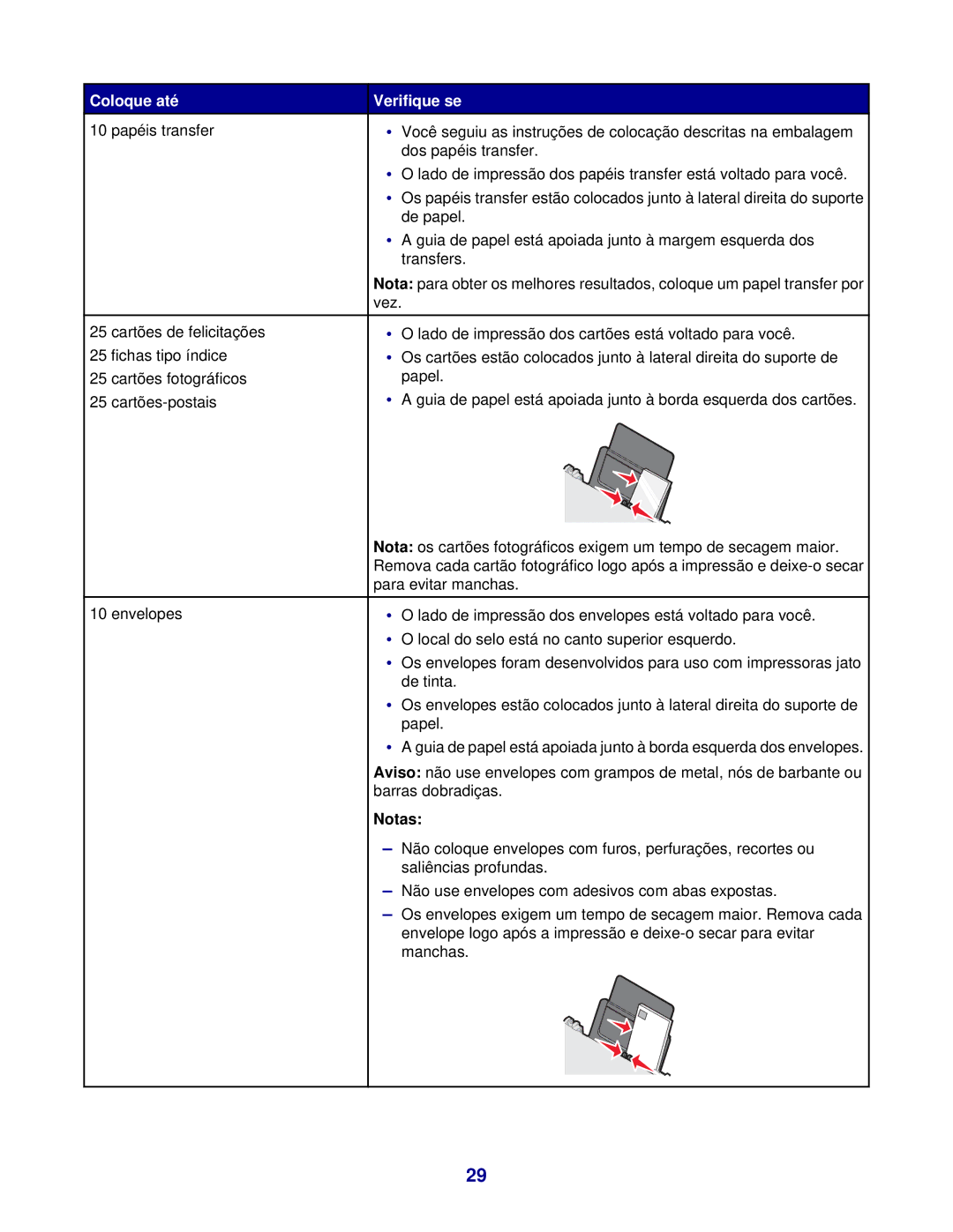 Lexmark 3400 manual Não coloque envelopes com furos, perfurações, recortes ou 