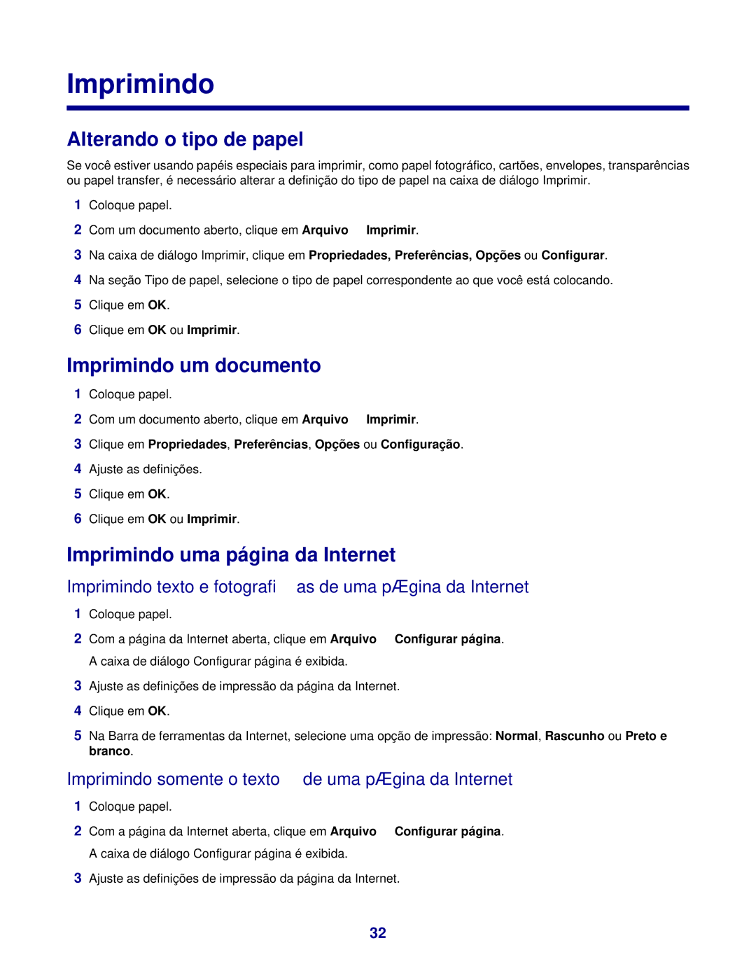 Lexmark 3400 manual Alterando o tipo de papel, Imprimindo um documento, Imprimindo uma página da Internet 