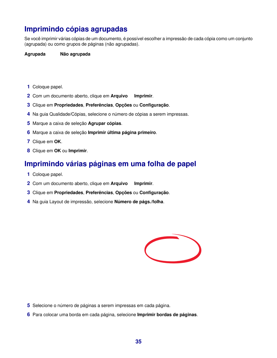 Lexmark 3400 manual Imprimindo cópias agrupadas, Imprimindo várias páginas em uma folha de papel, Agrupada 