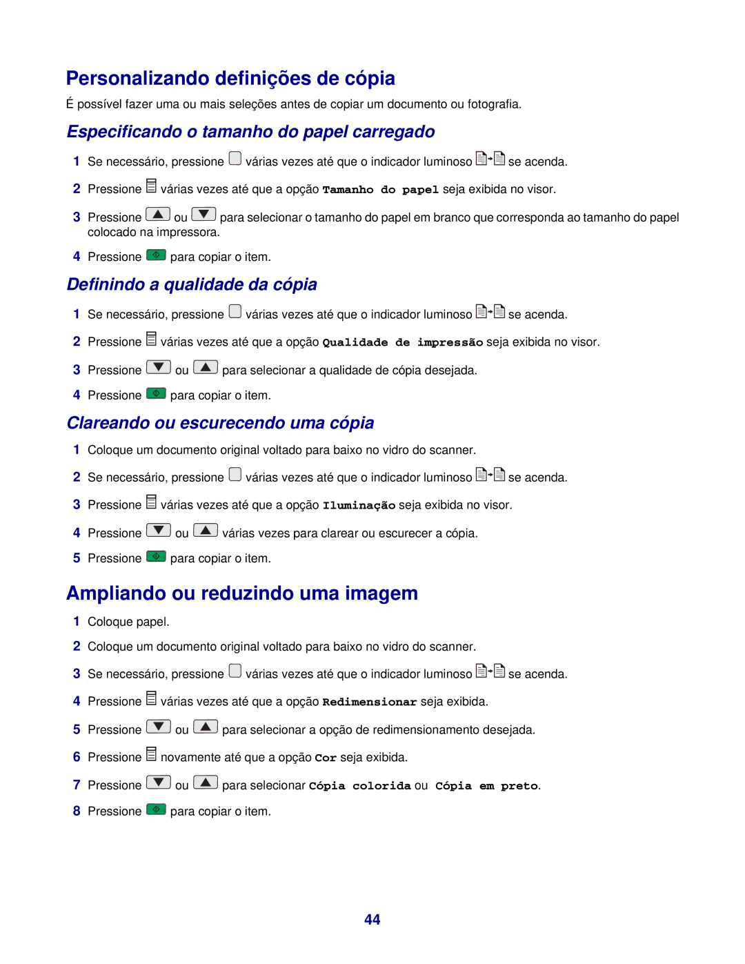 Lexmark 3400 manual Personalizando definições de cópia, Ampliando ou reduzindo uma imagem, Definindo a qualidade da cópia 