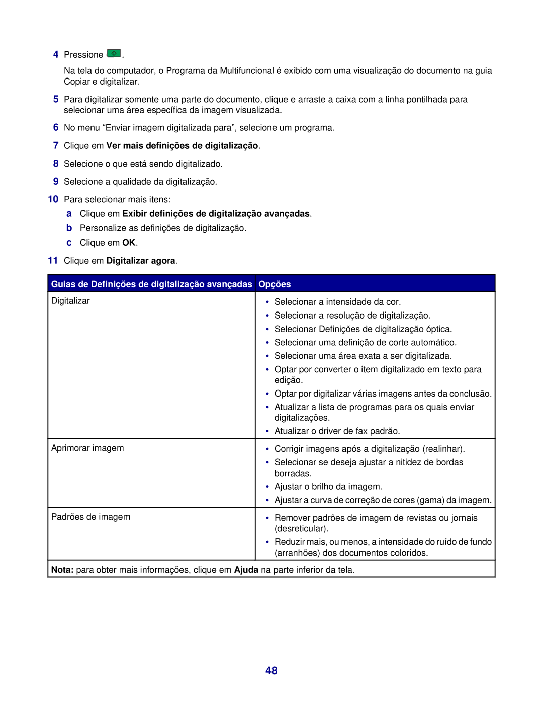 Lexmark 3400 manual Clique em Ver mais definições de digitalização, Clique em Exibir definições de digitalização avançadas 