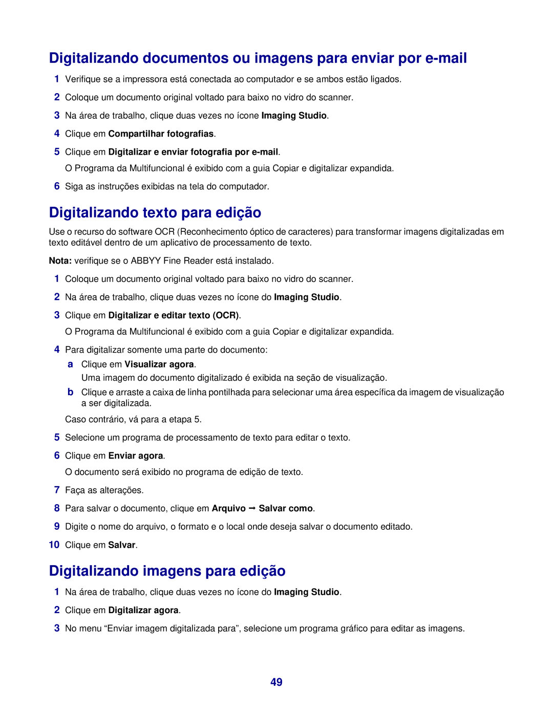 Lexmark 3400 manual Digitalizando documentos ou imagens para enviar por e-mail, Digitalizando texto para edição 