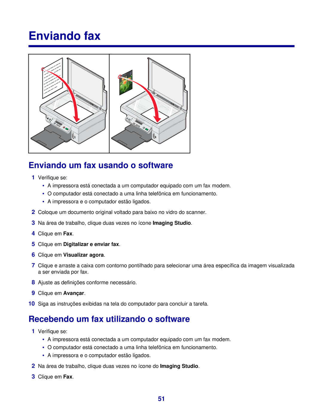 Lexmark 3400 manual Enviando fax, Enviando um fax usando o software, Recebendo um fax utilizando o software 